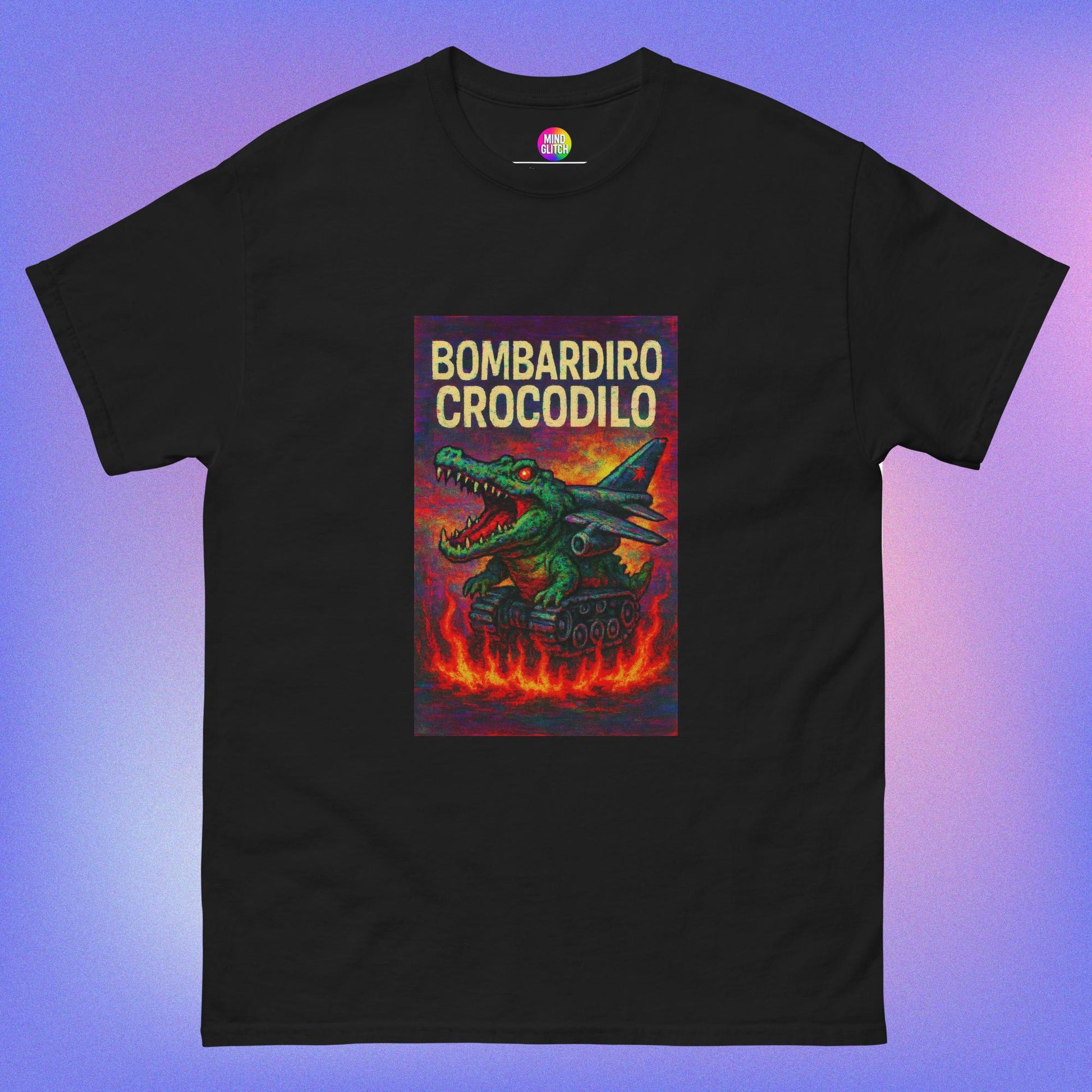 Absurd crocodile-tank-plane graphic AI t-shirt – brainrot fashion by MindGlitch