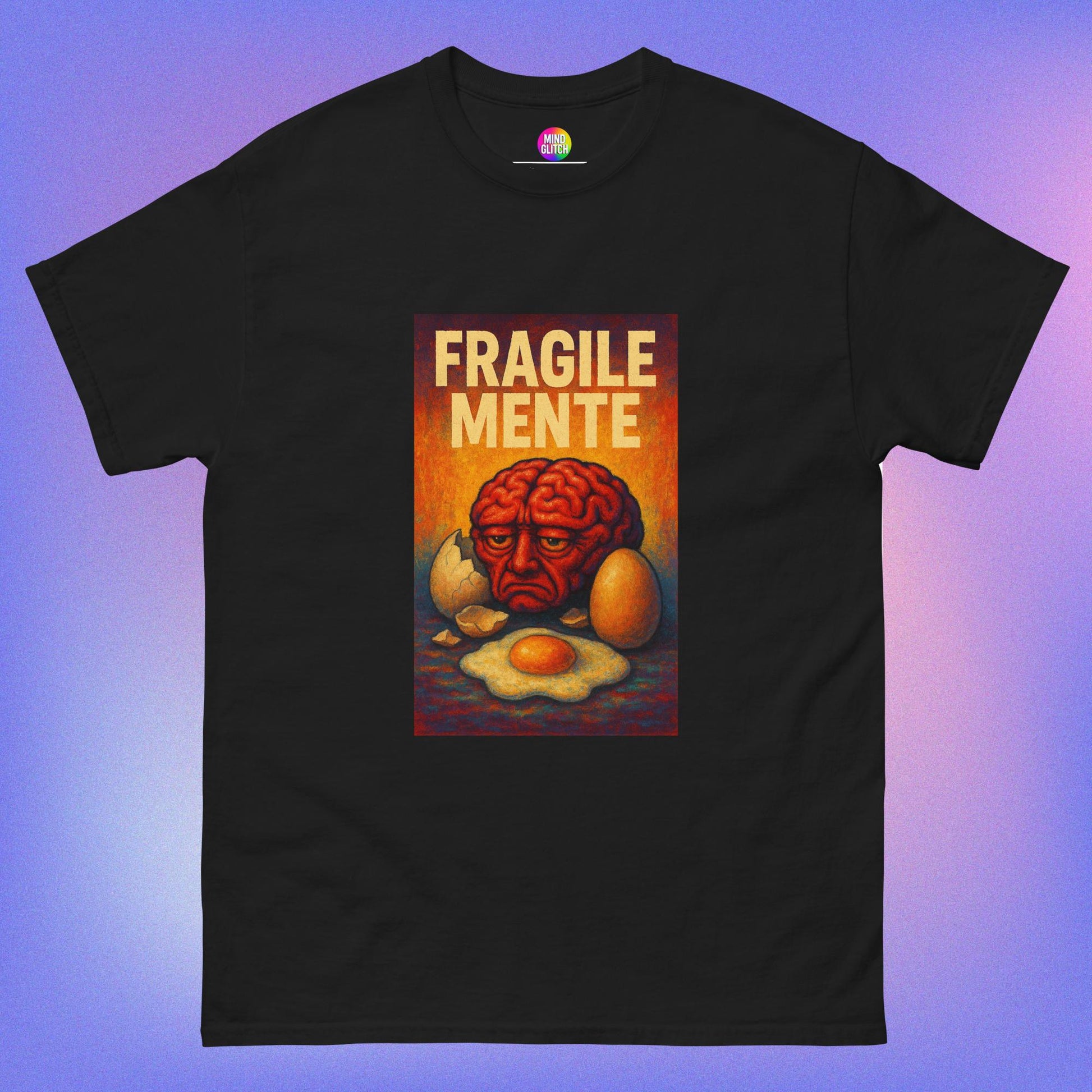Absurd AI t-shirt with surreal brain and egg artwork – fashion by MindGlitch